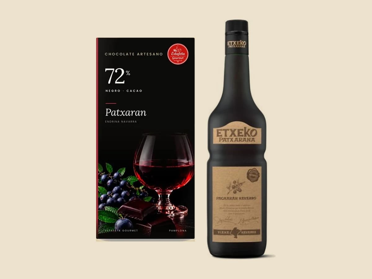 Chocolate negro 72 % al patxarán de Navarra en Dulce, con Patxarán Etxeko, Baines Etiqueta Oro o Belasco