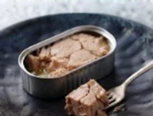 Lata de conserva de pescado con un tenedor